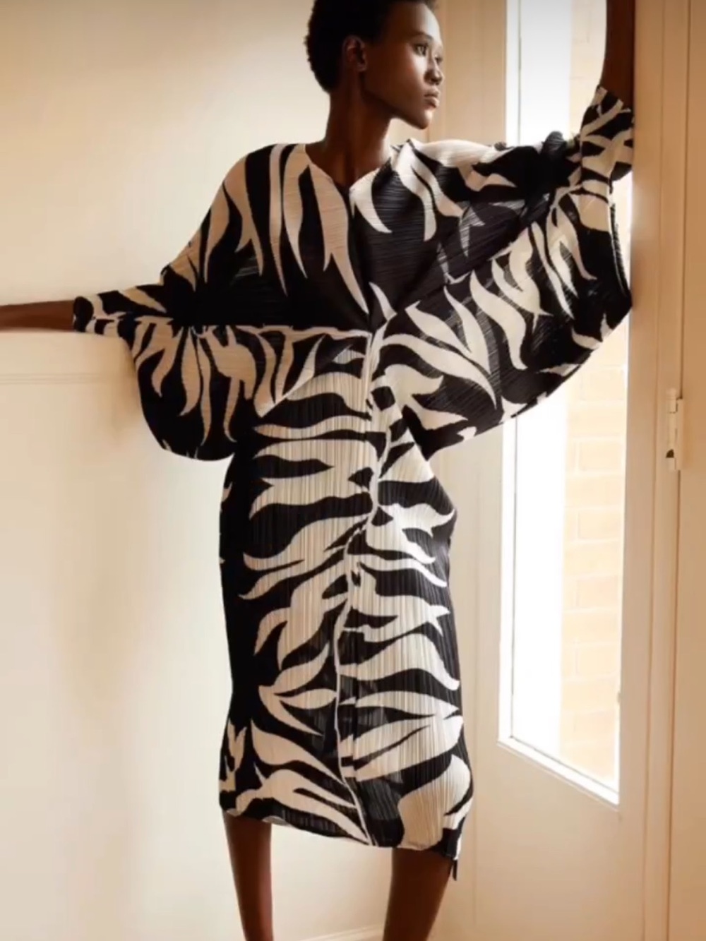 Black & White Zebra Print Pleated Midi Dress